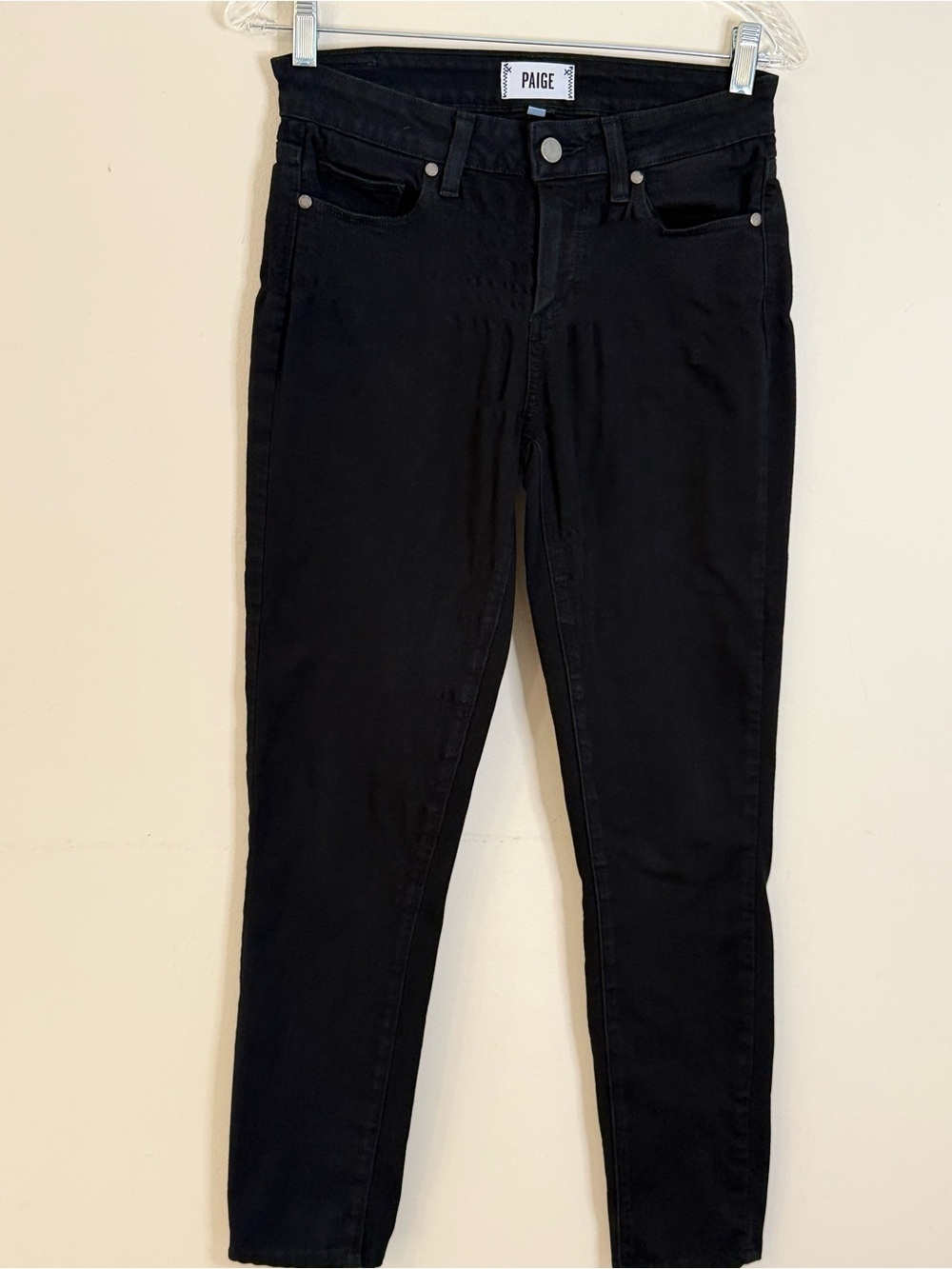 Paige black denim ultra skinny jeans ankle length sz 28” waist. FLAW